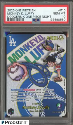 2025 One Piece EN Dodgers X One Piece Night #010 Monkey D. Luffy PSA 10 GEM MINT - Image 1