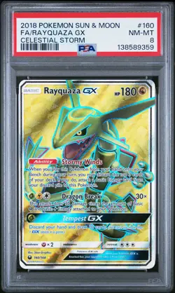 2018 POKEMON SUN & MOON CELESTIAL STORM #160 FULL ART/RAYQUAZA GX PSA 8 - Image 1
