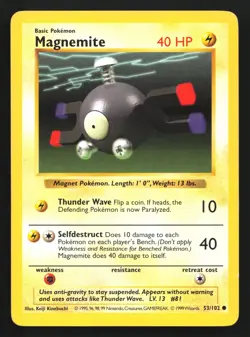 Pokemon Magnemite 53/102 WotC Base Set Shadowless Unlimited LP - Image 1