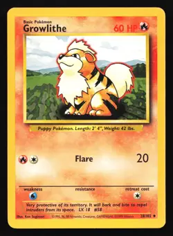 Pokemon Growlithe 28/102 WotC Base Set Uncommon LP - Image 1