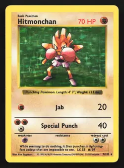 Pokemon Hitmonchan 7/102 WotC Shadowless Base Set Unlimited Holo Rare HP - Image 1