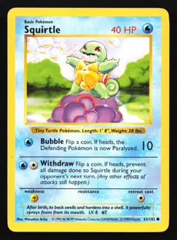 Pokemon Squirtle 63/102 WotC Base Set Shadowless Unlimited LP - Image 1