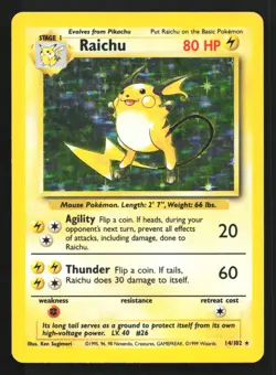 Pokemon Raichu 14/102 WotC Base Set Unlimited Holo Rare MP - Image 1