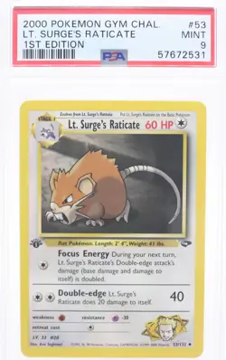 PSA 9 MINT 2000 Pokemon Gym Challenge #53 Lt. Surge's Raticate 1st Edition !!! - Image 1