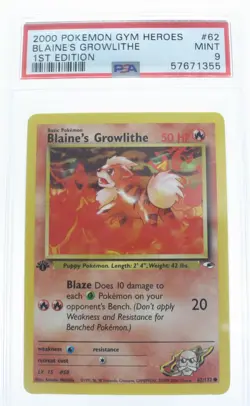 PSA 9 MINT 2000 Pokemon Gym Heroes #62 Blaine's Growlithe 1st Edition !!! - Image 1