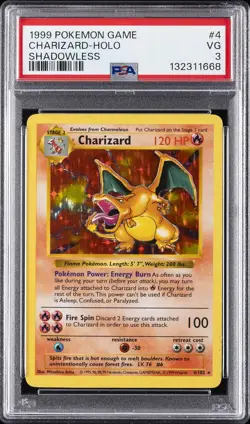 1999 POKEMON GAME SHADOWLESS #4 CHARIZARD-HOLO PSA 3 - Image 1