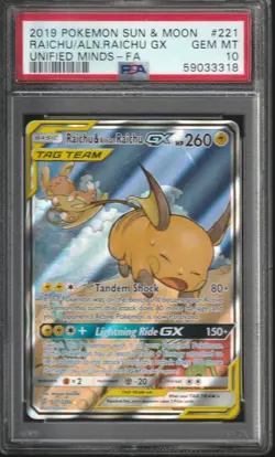 Pokemon Raichu & Alolan Raichu GX Unified Minds Full Alt Art #221 PSA 10 - Image 1