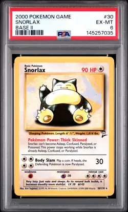 2000 POKEMON BASE SET 2 #30 SNORLAX PSA 6 - Image 1