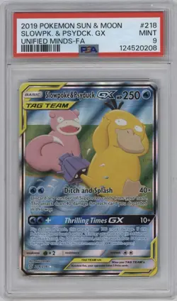 2019 Pokemon Sun & Moon Unified Minds Slowpoke & Psyduck Gx #218 PSA 9 - Image 1