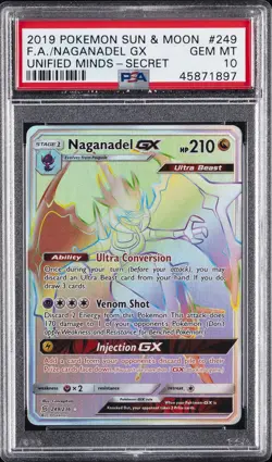 2019 POKEMON SUN & MOON UNIFIED MINDS SECRET #249 FULL ART/NAGANADEL GX PSA 10 - Image 1