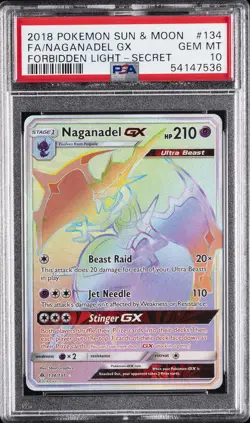 2018 POKEMON SUN & MOON FORBIDDEN LIGHT SECRET #134 FULL ART/NAGANADEL GX PSA 10 - Image 1