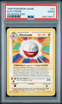 1999 POKEMON GAME SHADOWLESS #21 ELECTRODE PSA 2 - Image 1