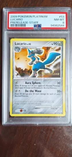 Pokemon card Lucario 53/127 PSA 8 Graded Stamp Prerelease Staff Promo for sale - Image 1
