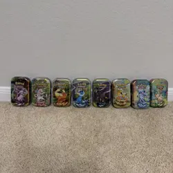 Prismatic Evolutions *NO PACKS* Mini Tin Complete Set Of 8 (Tin + Card + Coin) - Image 1