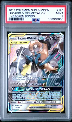 2019 POKEMON SUN & MOON UNBROKEN BONDS #120 LUCARIO & MELMETAL GX PSA 9 - Image 1