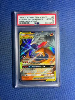 2019 POKEMON SUN & MOON UNBROKEN BONDS #20 RESHIRAM & CHARIZARD GX PSA 10 - Image 1
