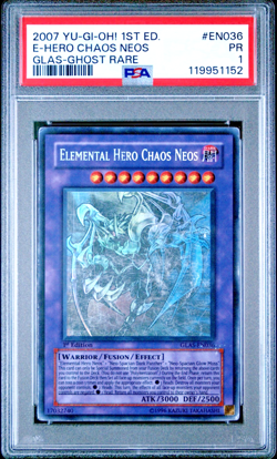 PSA 1 1ST EDITION Ghost Rare Elemental Hero Chaos Neos GLAS-EN036 YUGIOH - Image 1