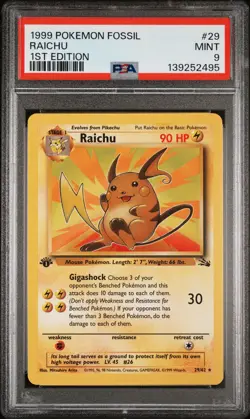 1999 POKEMON FOSSIL 1ST EDITION #29 RAICHU PSA 9 - Image 1