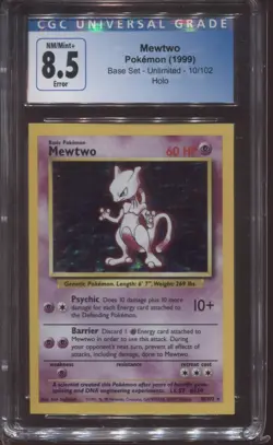 MEWTWO #10 HOLO SQUARE CUT ERROR MISCUT CGC 8.5 1999 POKEMON BASE SET - Image 1