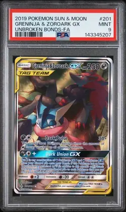 Pokemon Unbroken Bonds 201/214 Greninja & Zoroark GX PSA 9 - Image 1