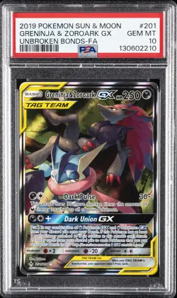 2019 POKEMON SUN & MOON UNBROKEN BONDS FULL ART/GRENINJA & ZOROARK GX PSA 10 - Image 1