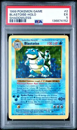 Pokemon TCG Blastoise Base Set 2/102 Shadowless Holo Rare PSA 5 WOTC English - Image 1