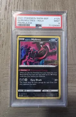 2021 POKEMON SWSH BSP PRERELEASE #125 GALARIAN MOLTRES-HOLO PSA 9 - Image 1
