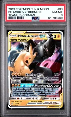 Pokemon Teams sind Trumpf Pikachu & Zekrom GX 33 Tag Team PSA 8 NM-MINT DE - Image 1