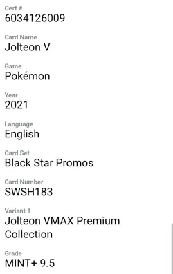 Jolteon v SWSH183 Pokemon TCG Sword & Shield Holo Black Star Promo Card CGC 9.5 - Image 4