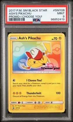 PSA 9 Ash's Pikachu SM108 Black Star Promo Sun & Moon Pokemon Ashs TCG - Image 1