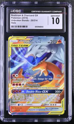 2019 Pokemon Sun & Moon Unbroken Bonds Full Art Reshiram & Charizard GX #20 CGC - Image 1