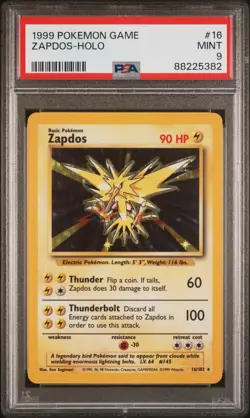 1999 POKEMON BASE SET UNLIMITED #16 ZAPDOS-HOLO PSA 9 - Image 1