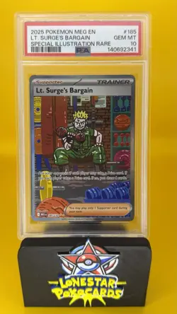 2025 Pokemon Mega Evolution Base #185 SIR Lt. Surge's Bargain PSA 10 Gem Mint - Image 1