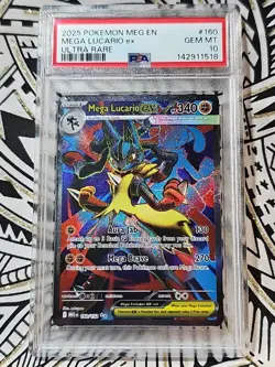 2025 Pokemon Mega Evolution Lucario ex Ultra Rare #160 PSA 10 Mint (518) - Image 1