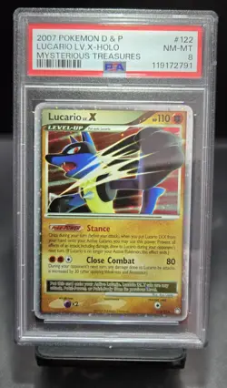 2007 POKEMON DIAMOND PEARL LUCARIO LV.X HOLO MYSTERIOUS TREASURES 122/123 PSA 8 - Image 1