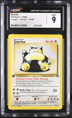 CGC 9 MINT Snorlax 1999 Jungle 1st Edition 27/64 Pokemon Card - Image 1