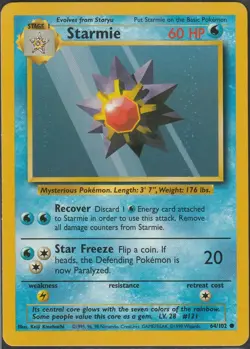 Starmie 64/102 Common Base Set Unlimited Pokemon Lightly Played - Image 1