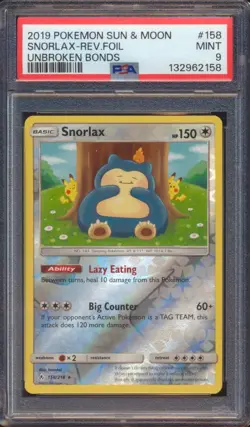 2019 POKEMON UNBROKEN BONDS SNORLAX #158 REVERSE FOIL PSA 9! - Image 1