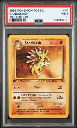 1999 Pokemon 1st Edition Fossil # 41 Sandslash PSA 9 Card MINT! Trusted Seller! - Image 1
