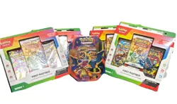 4x Pokemon First Partner Illustration Collection and 1x mega Charizard tin - Image 1