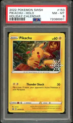 PSA 8 NM-MINT Pikachu SWSH153 Holiday Calendar Pokemon Card - Image 1
