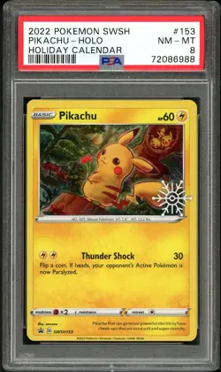 PSA 8 NM-MINT Pikachu SWSH153 Holiday Calendar Pokemon Card - Image 1