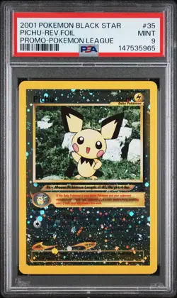2001 POKEMON PROMO BLACK STAR POKEMON LEAGUE #35 PICHU-REVERSE FOIL PSA 9 - Image 1