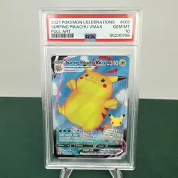 2021 Pokemon SWSH Celebrations Surfing Pikachu VMAX #009/025 PSA 10 - Image 1