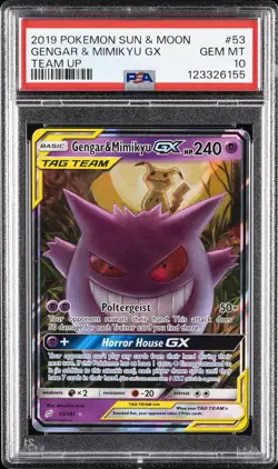 2019 POKEMON SUN & MOON TEAM UP #53 GENGAR & MIMIKYU GX PSA 10 - Image 1