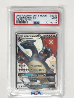 ￼ 2019 Pokemon Hidden Fates SV49 Charizard GX PSA 9 Mint Shiny Full Art Cracked - Image 1