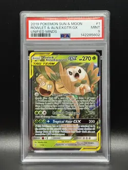 PSA 9 MINT Rowlet & Alolan Exeggutor GX 1 Unified Minds Pokemon Card - Image 1