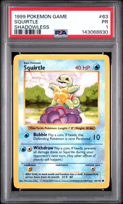 PSA 1 Squirtle Shadowless Base Set #63 1999 Pokemon WoTC PR - Image 1