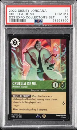 2022 DISNEY LORCANA D23 EXPO PROMO #4 CRUELLA DE VIL - MISERABLE AS USUAL PSA 10 - Image 1