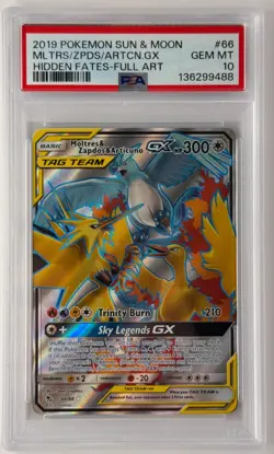 PSA 10 GEM MINT Pokemon Moltres Zapdos Articuno GX Hidden Fates Full Art 66/68 - Image 1